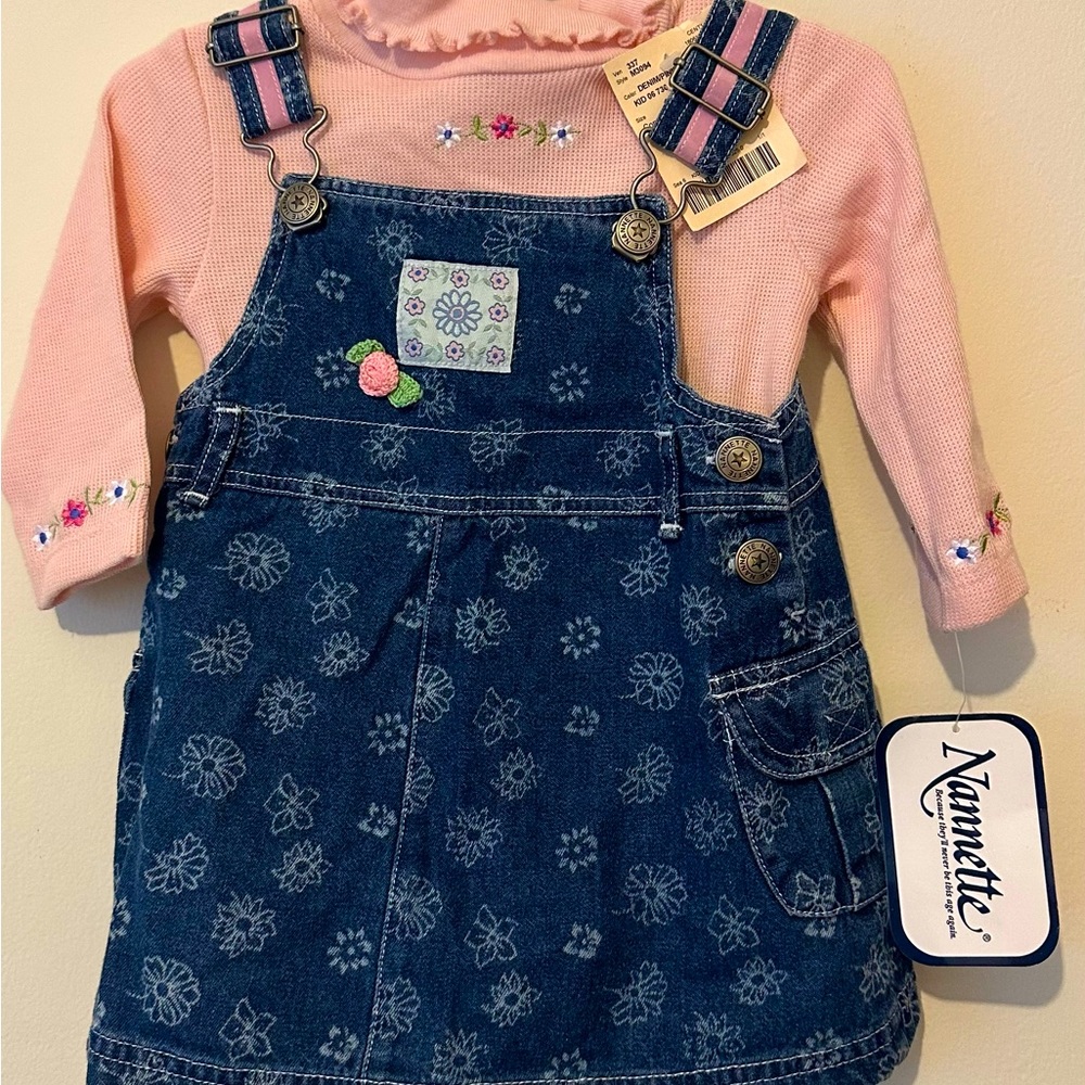 Nanette Denim Overalls Dress and Pink Floral Turtleneck Shirt